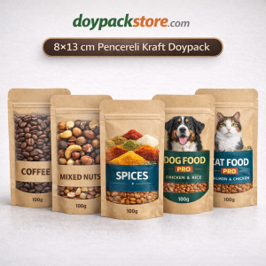 8×13 cm pencereli kraft doypack poşet, zipli kilitli kraft ambalaj, kahve ve gıda için doypack