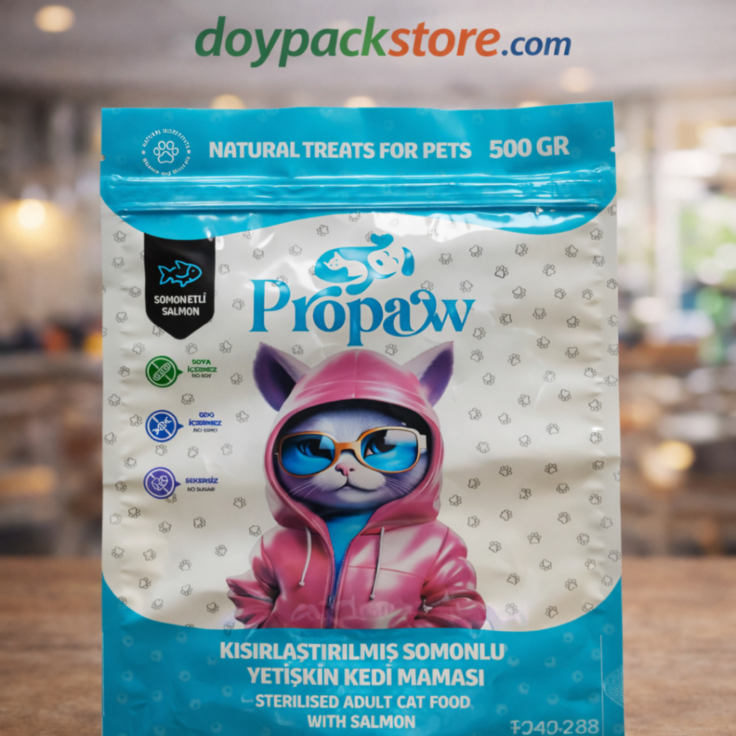 Baskılı zipli doypack gıda ve mama ambalaj poşeti – özel tasarımlı dik duran paket