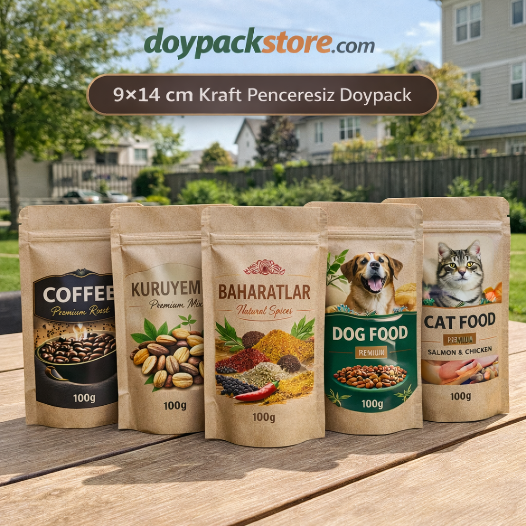 9×14 cm kraft penceresiz doypack kilitli zipli kraft ambalaj poşeti kahve, kuruyemiş ve gıda için