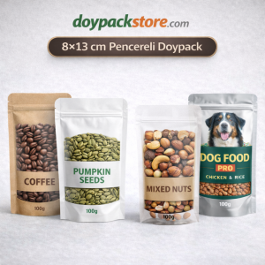 Pencereli kraft doypack 8×13 cm zipli kraft ambalaj poşeti kahve kuruyemiş ve gıda için