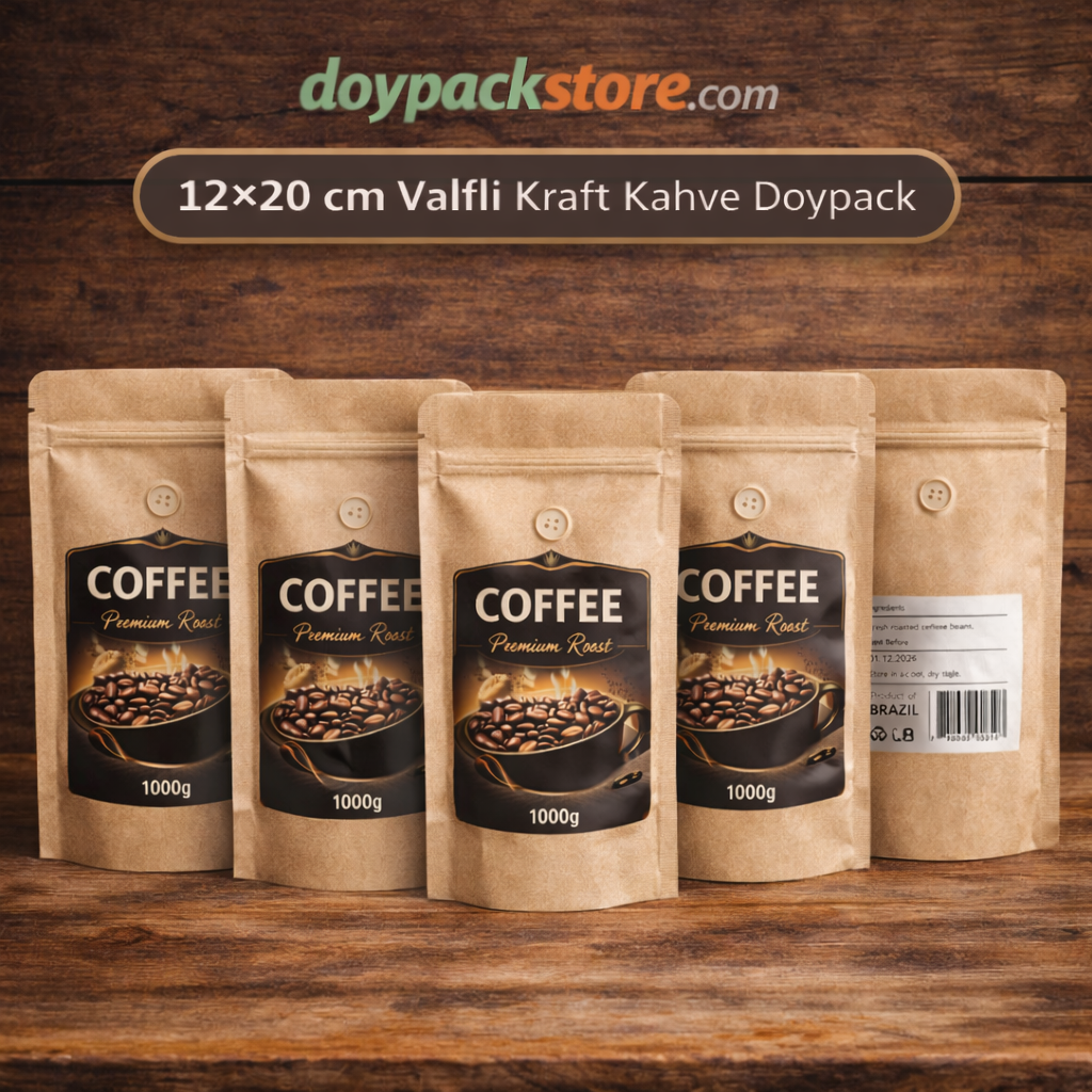12x20 cm valfli kraft kahve doypack ambalaj poşeti kilitli zipli kahve poşeti