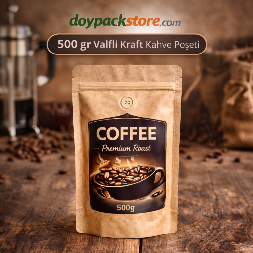500 gr valfli kraft kahve poşeti doypack ambalaj
