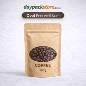 oval pencereli kraft pouch kahve ambalaj poşeti 100 gr