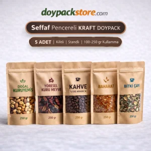 şeffaf pencereli kraft ambalaj poşeti kahve ve gıda ürünleri için