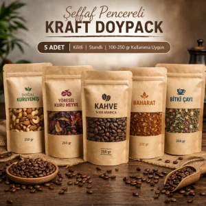 şeffaf pencereli kraft doypack ambalaj poşeti kahve ve gıda için