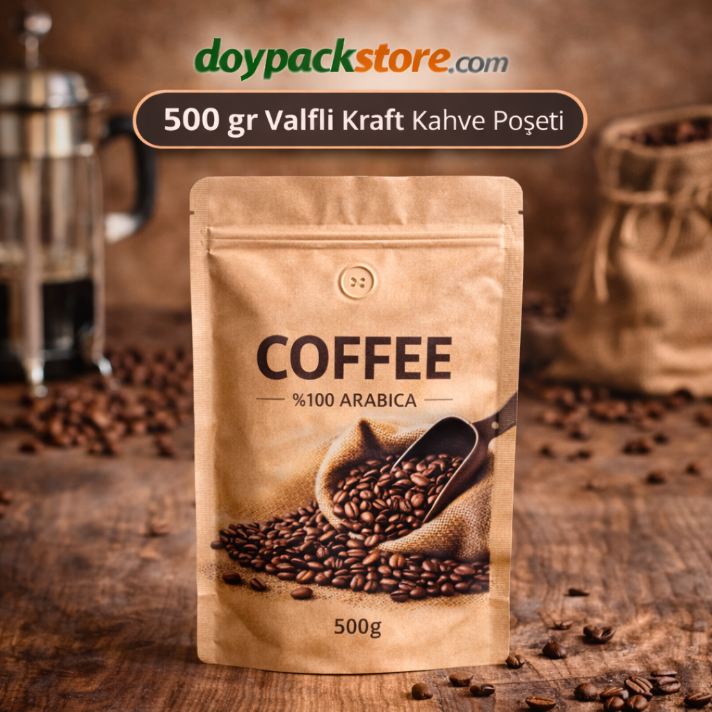 500 gr valfli kraft kahve poşeti doypack ambalaj